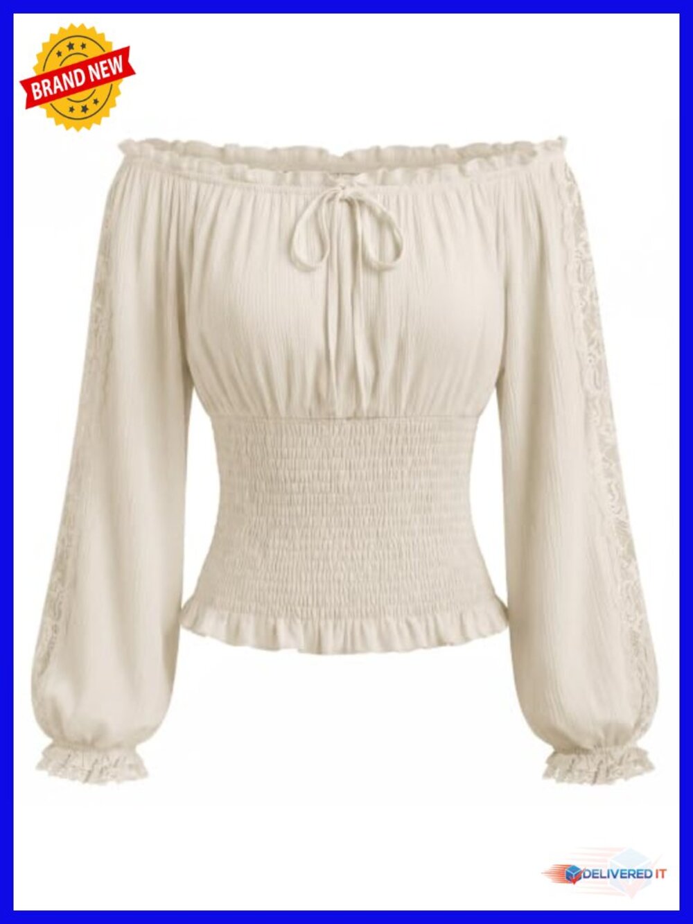 Boho Peasant Blouse Off Shoulder Lace Lantern Sleeve Smocked Waist Top